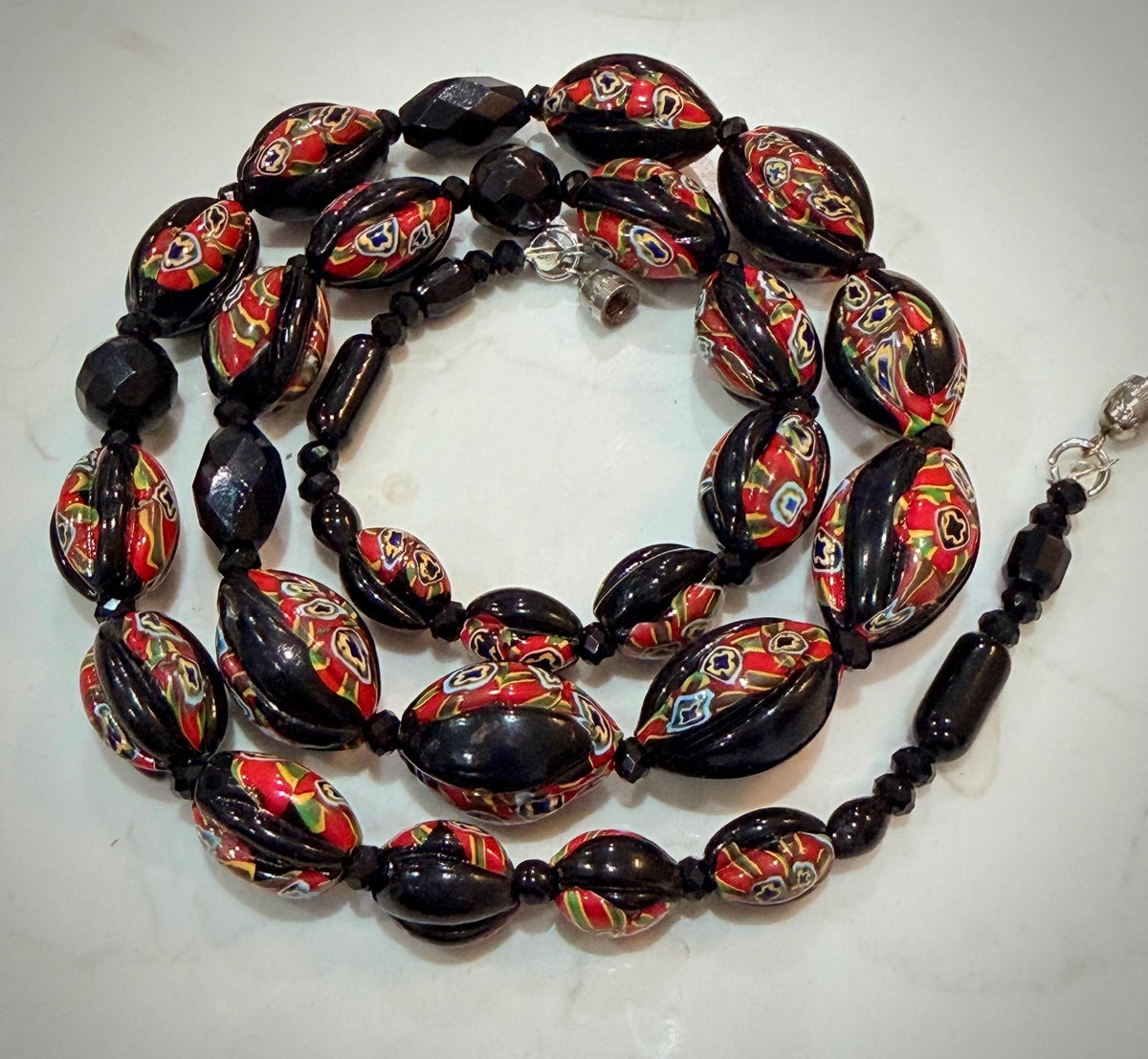Art Deco Venetian Matched Melon Millefiori Black & Red Glass Necklace