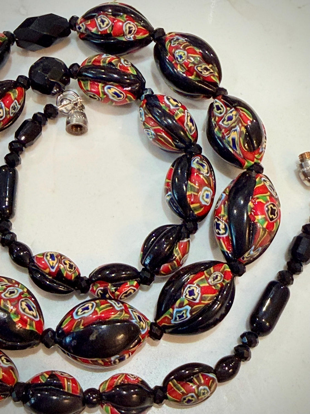 Art Deco Venetian Matched Melon Millefiori Black & Red Glass Necklace