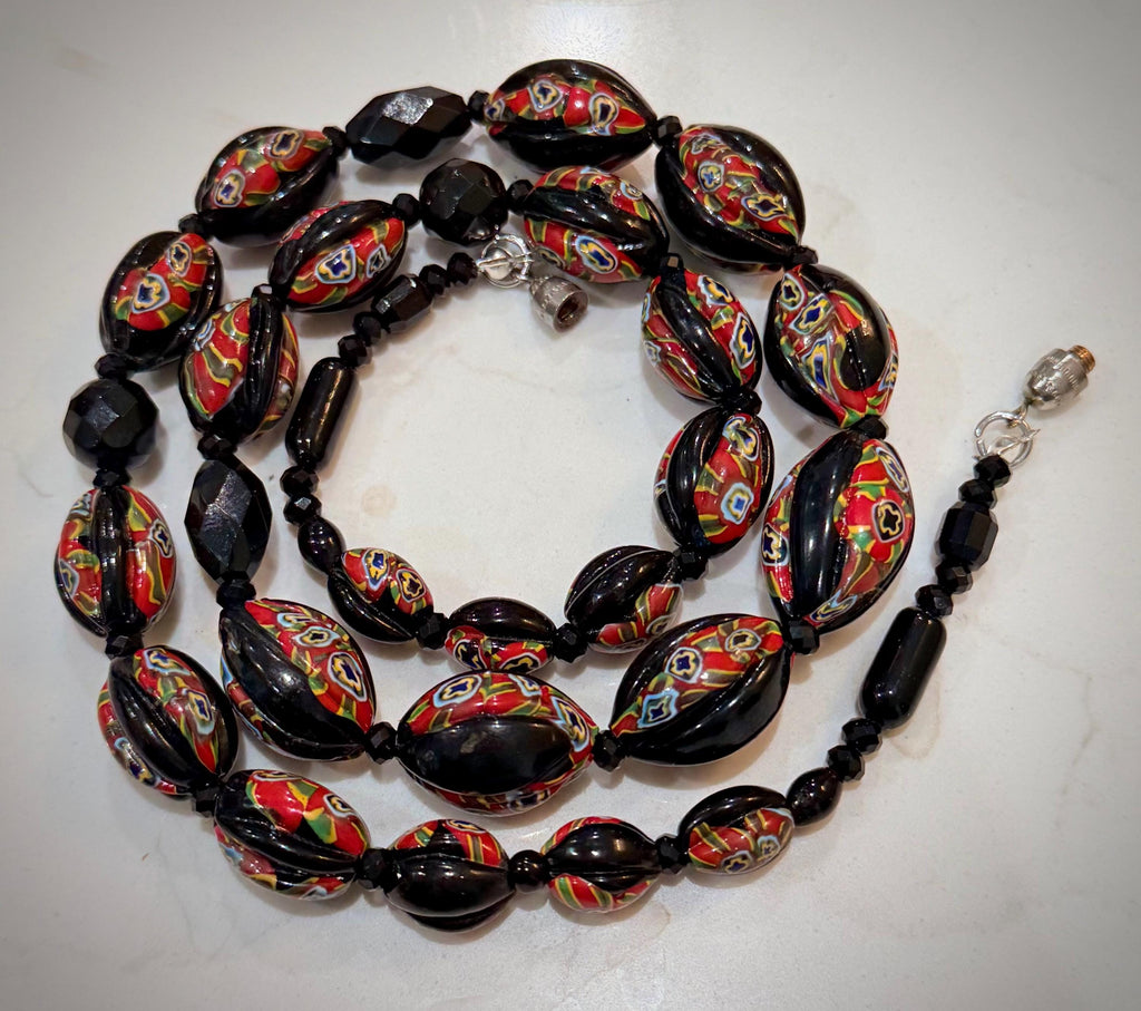 Art Deco Venetian Matched Melon Millefiori Black & Red Glass Necklace