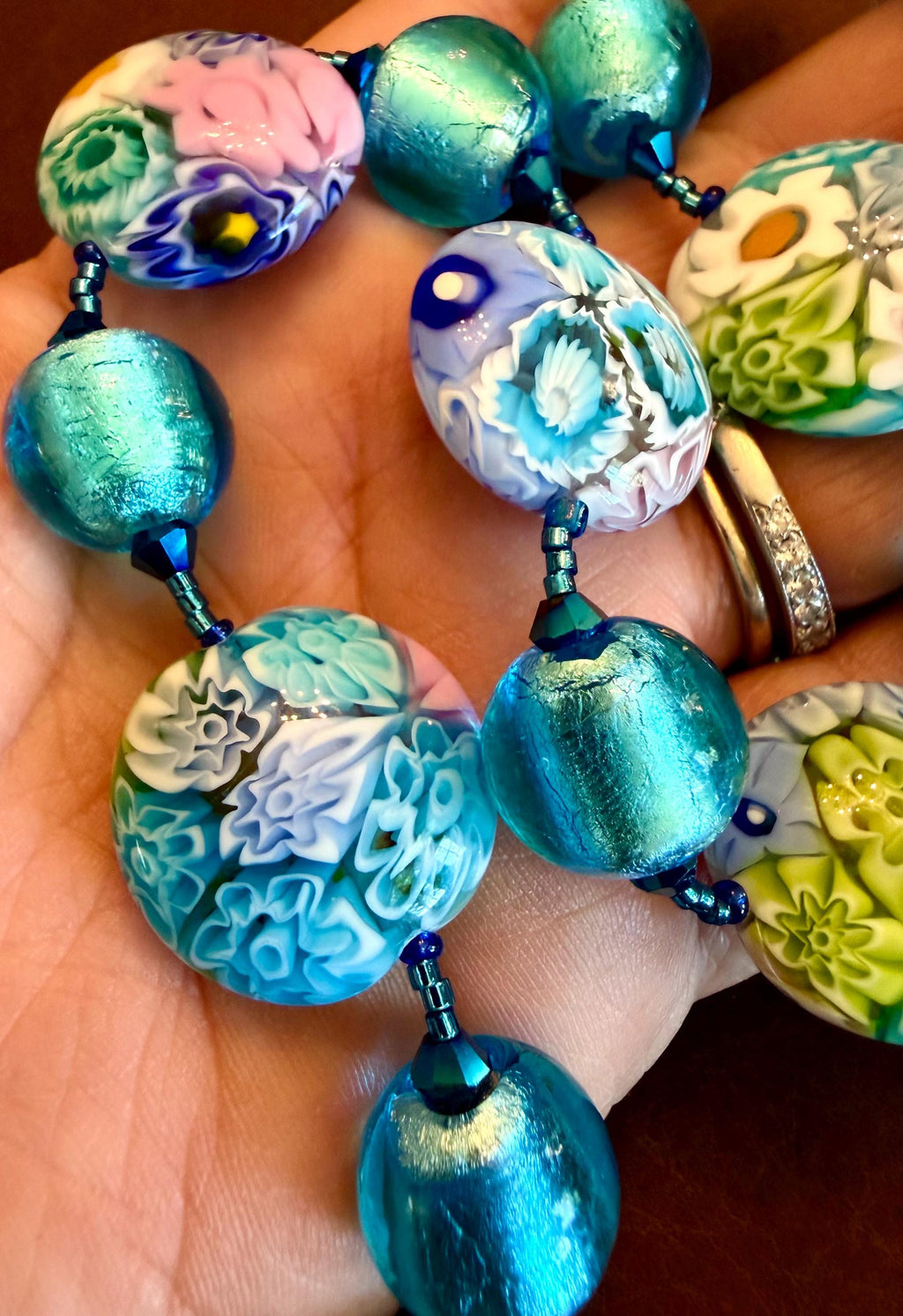 Pastel Ercole Moretti Murano Glass Coin &  Venetian Lampwork Glass Necklace, Spring Colors