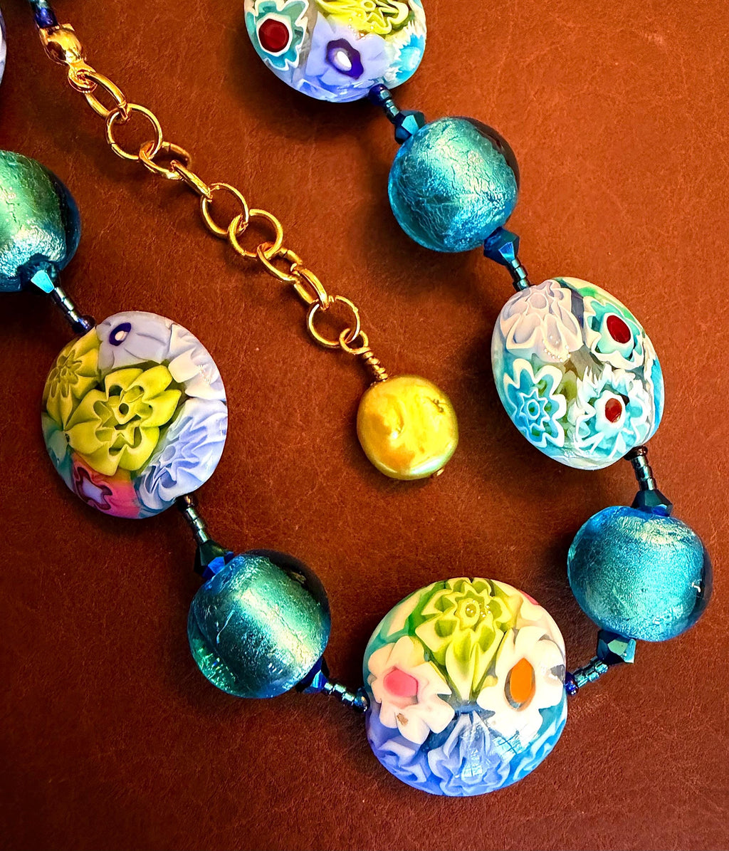 Pastel Ercole Moretti Murano Glass Coin &  Venetian Lampwork Glass Necklace, Spring Colors