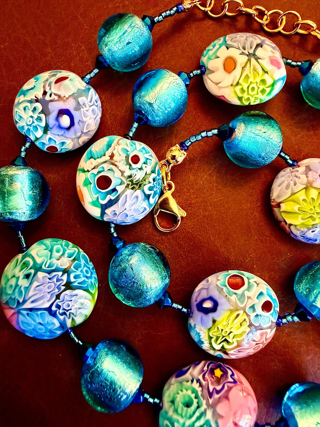 Pastel Ercole Moretti Murano Glass Coin &  Venetian Lampwork Glass Necklace, Spring Colors