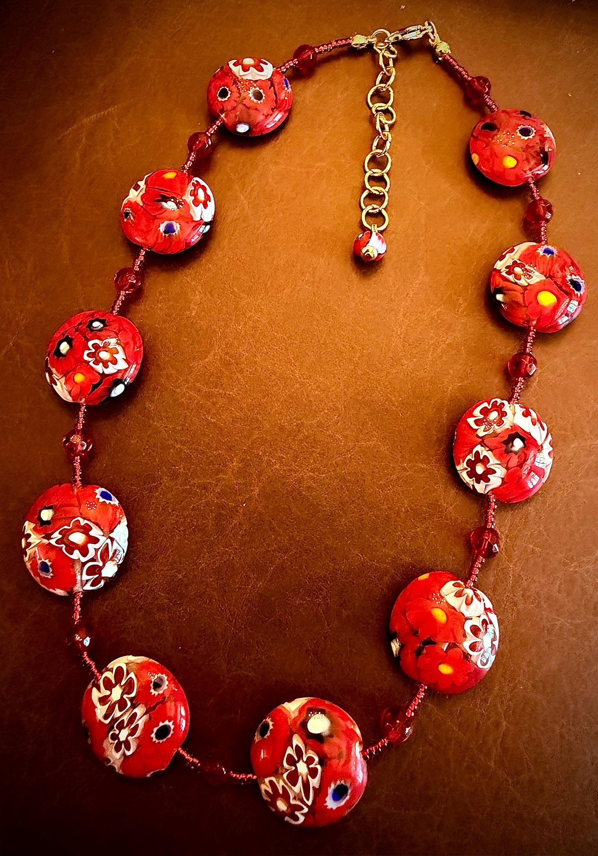 Red White Millefiori Coin Necklace: Ercole Moretti Murano Glass Beads