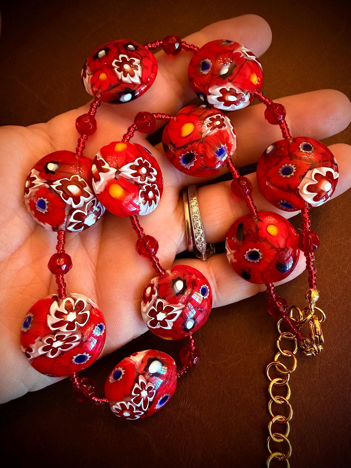 Red White Millefiori Coin Necklace: Ercole Moretti Murano Glass Beads