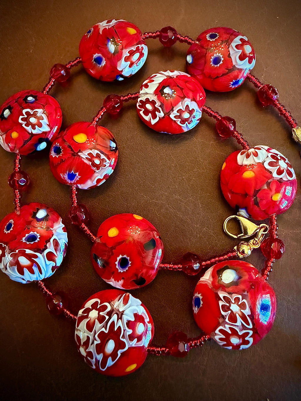 Red White Millefiori Coin Necklace: Ercole Moretti Murano Glass Beads