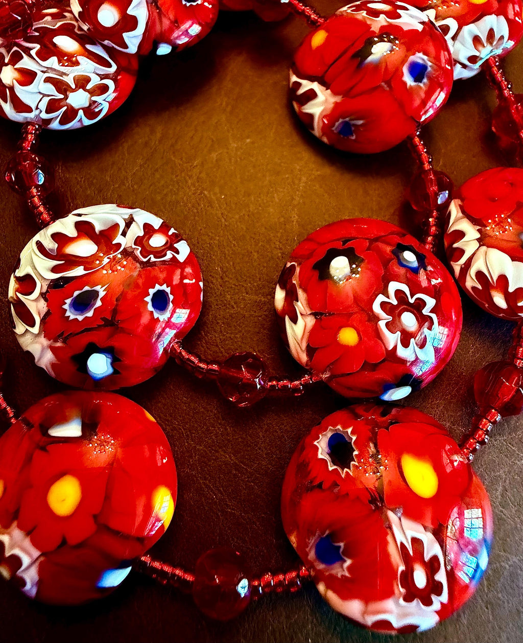 Red White Millefiori Coin Necklace: Ercole Moretti Murano Glass Beads