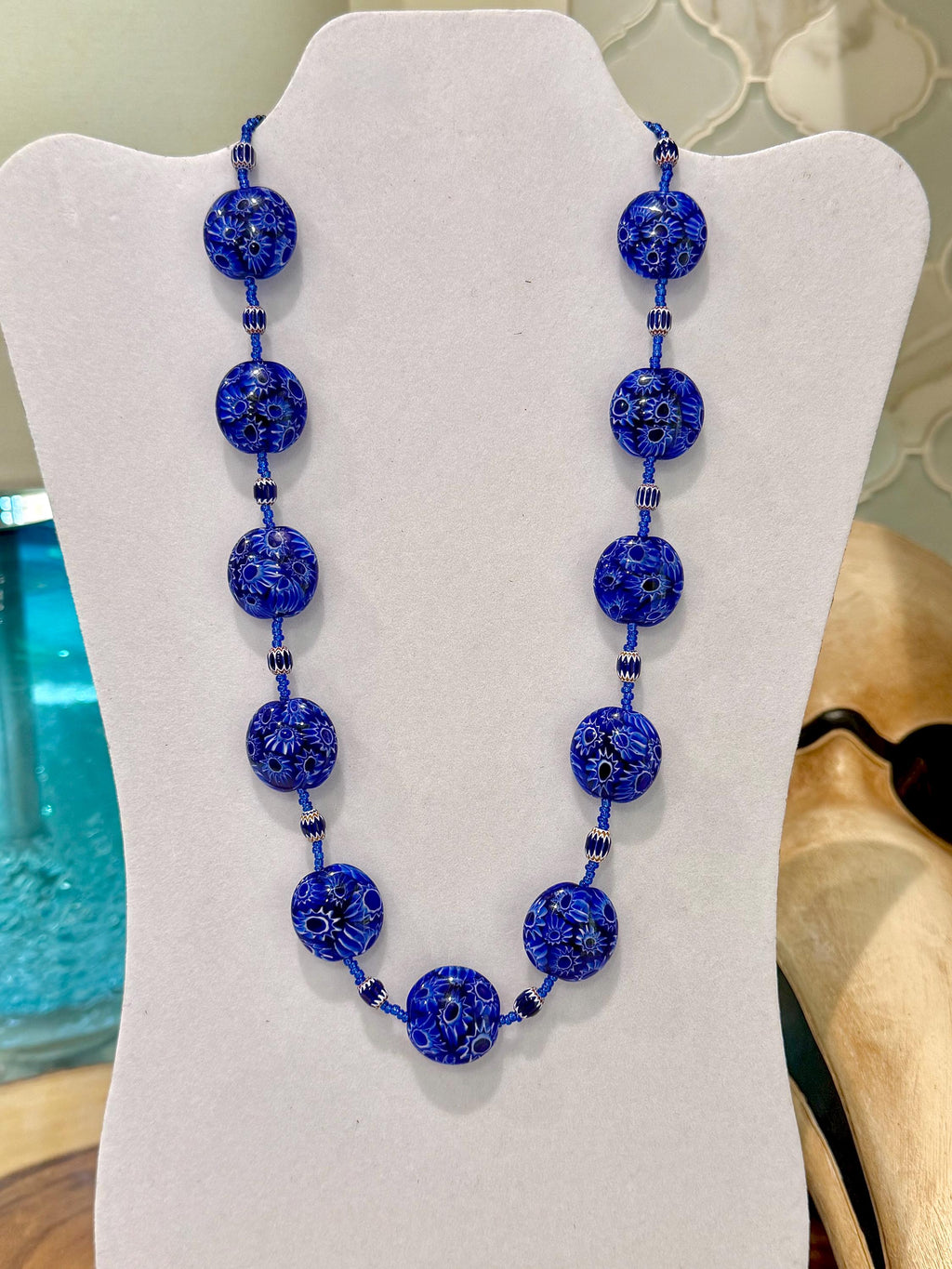 Rosario Leonardi Cobalt Blue Millefiori Glass Necklace featuring Ercole Moretti Beads