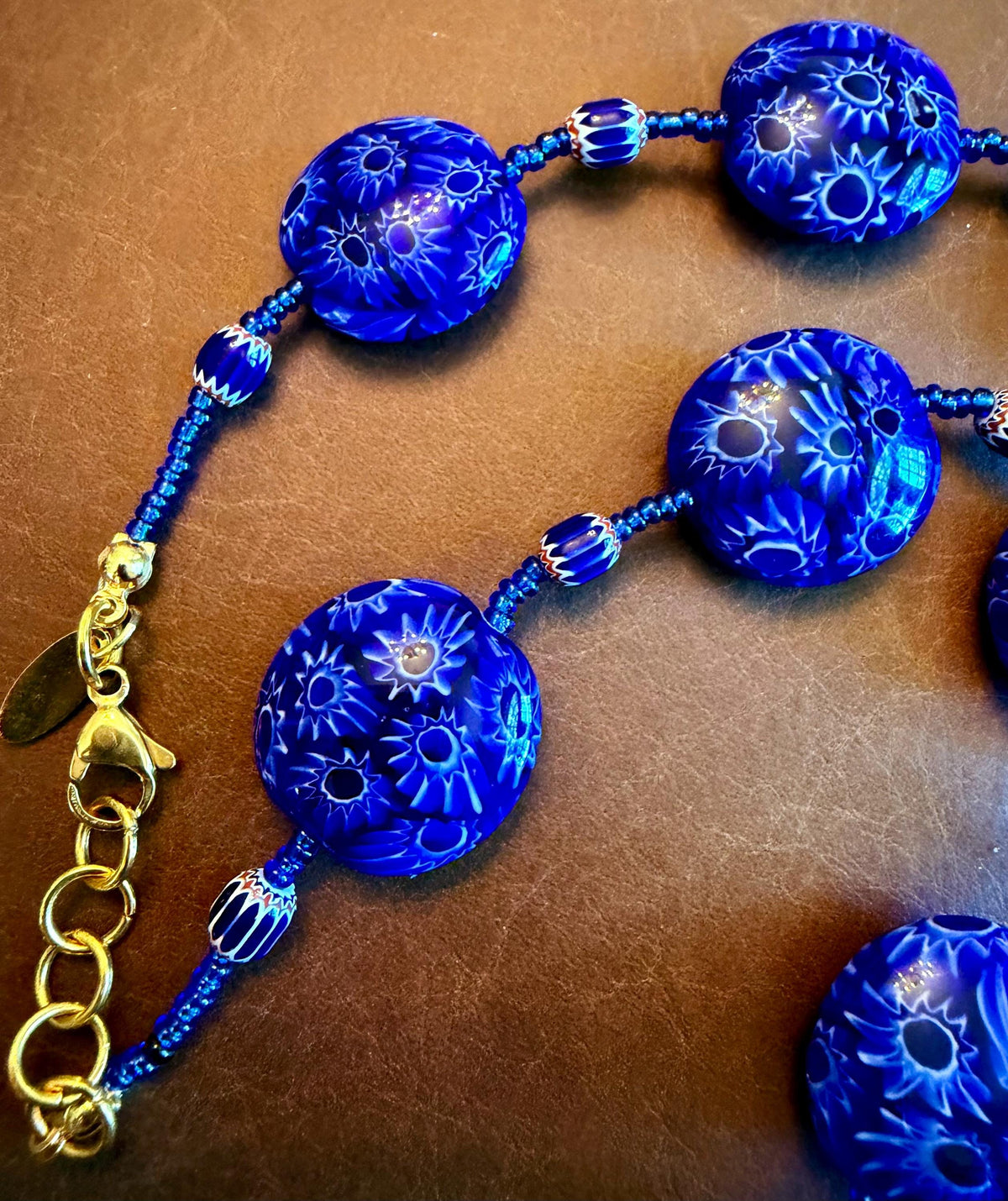 Rosario Leonardi Cobalt Blue Millefiori Glass Necklace featuring Ercole Moretti Beads