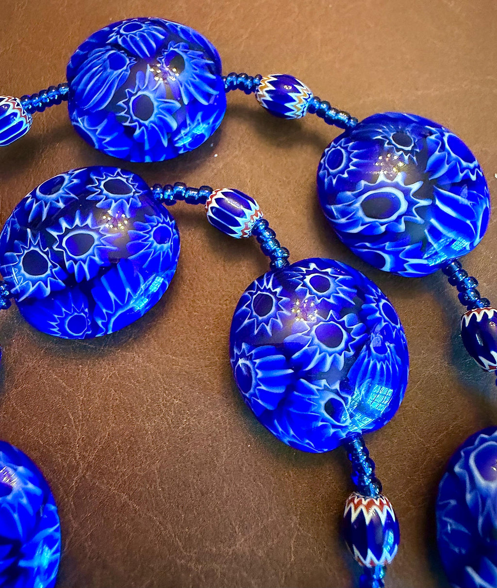 Rosario Leonardi Cobalt Blue Millefiori Glass Necklace featuring Ercole Moretti Beads