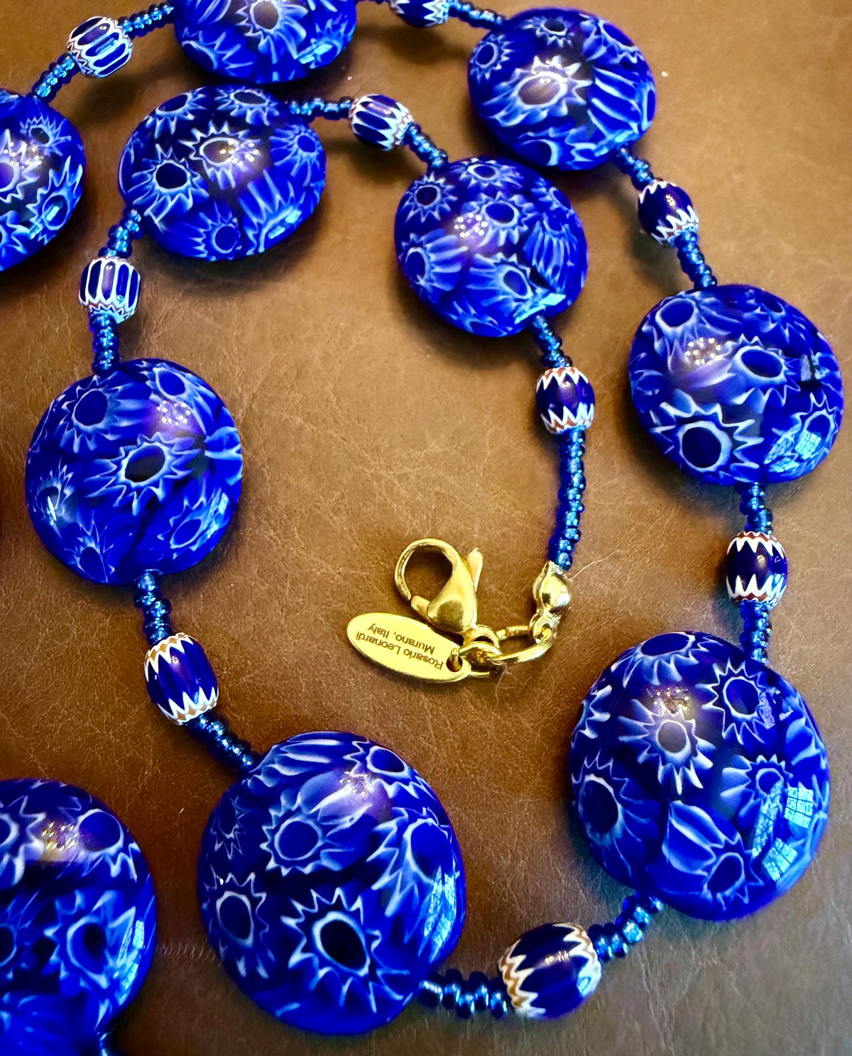 Rosario Leonardi Cobalt Blue Millefiori Glass Necklace featuring Ercole Moretti Beads