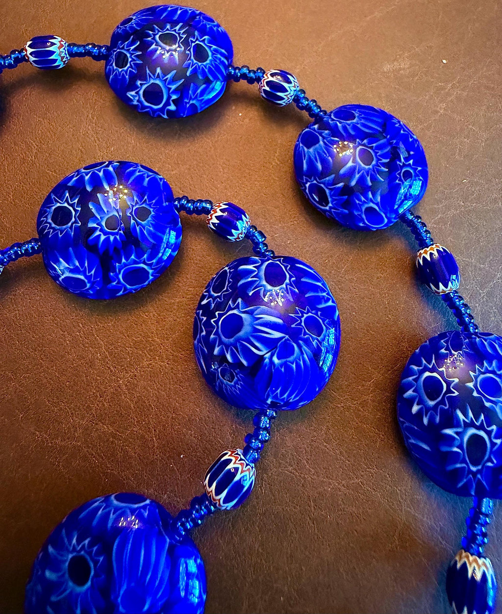 Rosario Leonardi Cobalt Blue Millefiori Glass Necklace featuring Ercole Moretti Beads