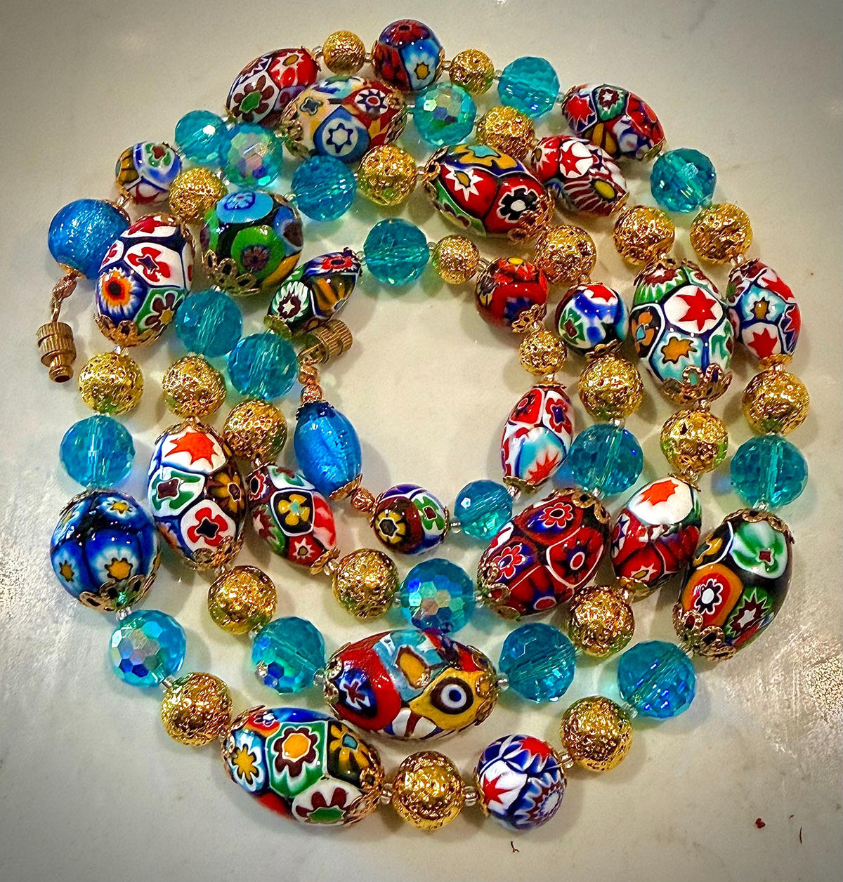 Millefiori Murano Glass Necklace: Ercole Moretti Vintage Beads, Aqua Swarovski Crystals