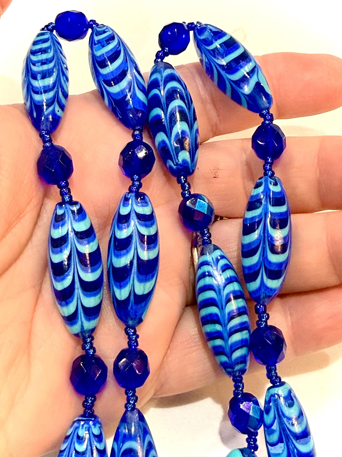 Rosario Leonardi Cobalt Blue Feathered Murano Glass Beaded Necklace
