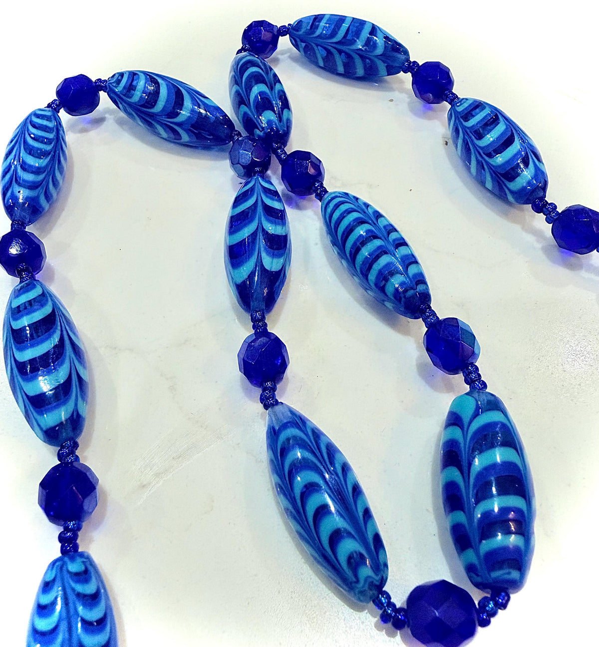Rosario Leonardi Cobalt Blue Feathered Murano Glass Beaded Necklace