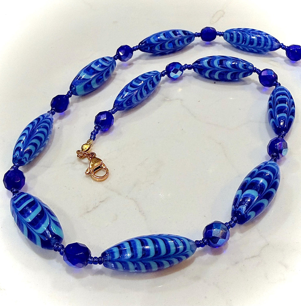 Rosario Leonardi Cobalt Blue Feathered Murano Glass Beaded Necklace