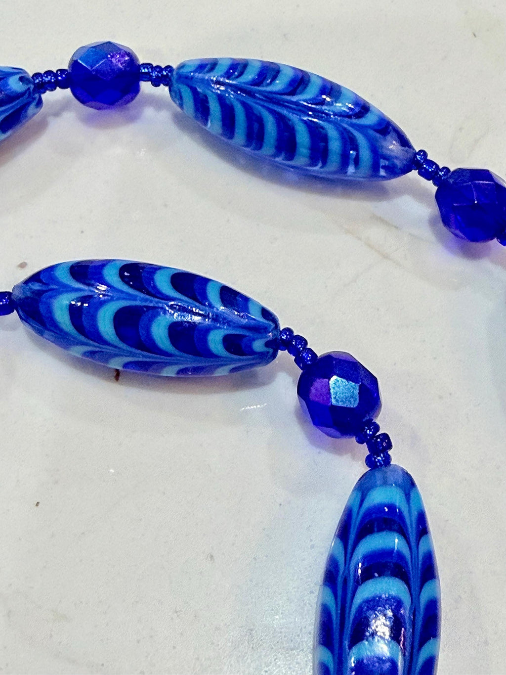 Rosario Leonardi Cobalt Blue Feathered Murano Glass Beaded Necklace