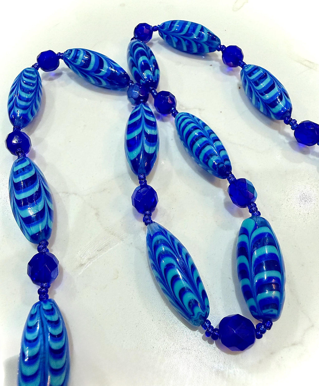 Rosario Leonardi Cobalt Blue Feathered Murano Glass Beaded Necklace