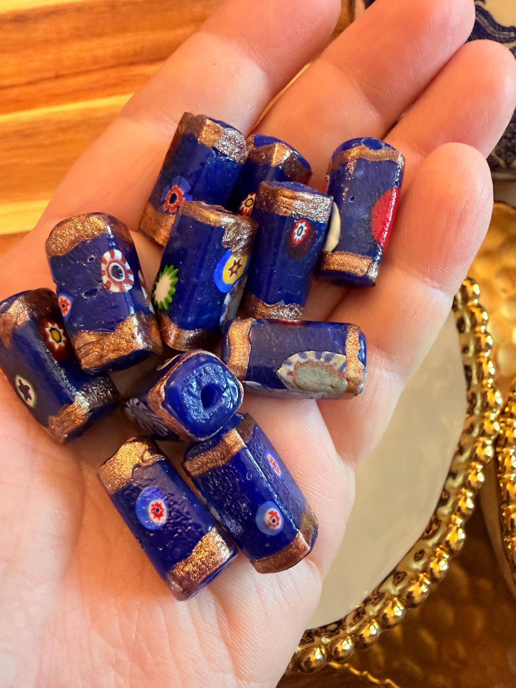 Two Cobalt Blue Aventurine Vintage Chunky Rectangular Murano Millefiori Pillar Beads