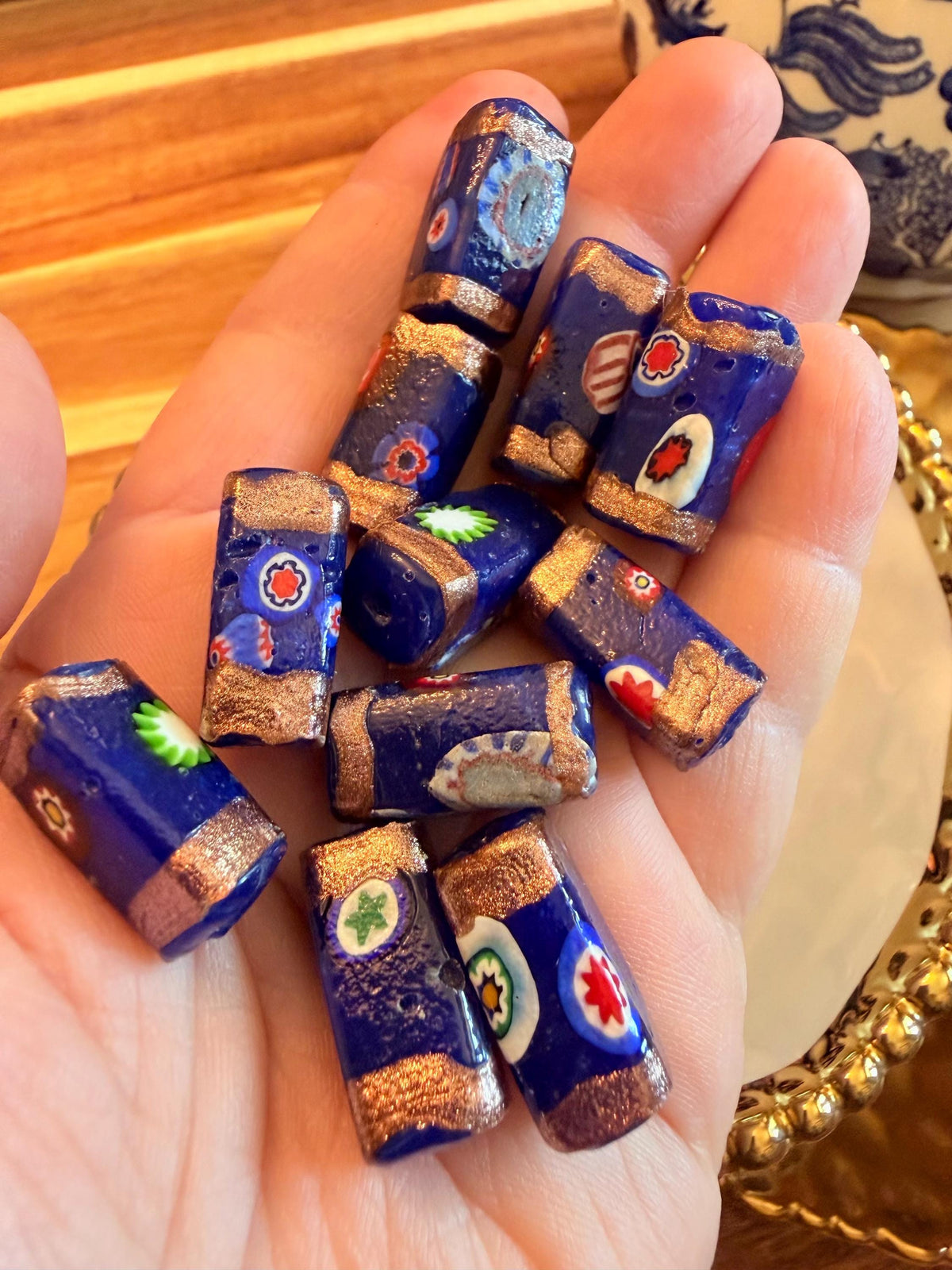 Two Cobalt Blue Aventurine Vintage Chunky Rectangular Murano Millefiori Pillar Beads
