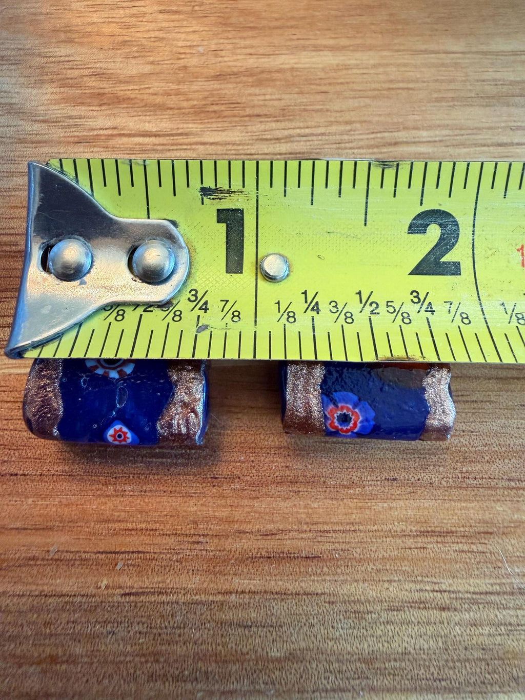 Two Cobalt Blue Aventurine Vintage Chunky Rectangular Murano Millefiori Pillar Beads