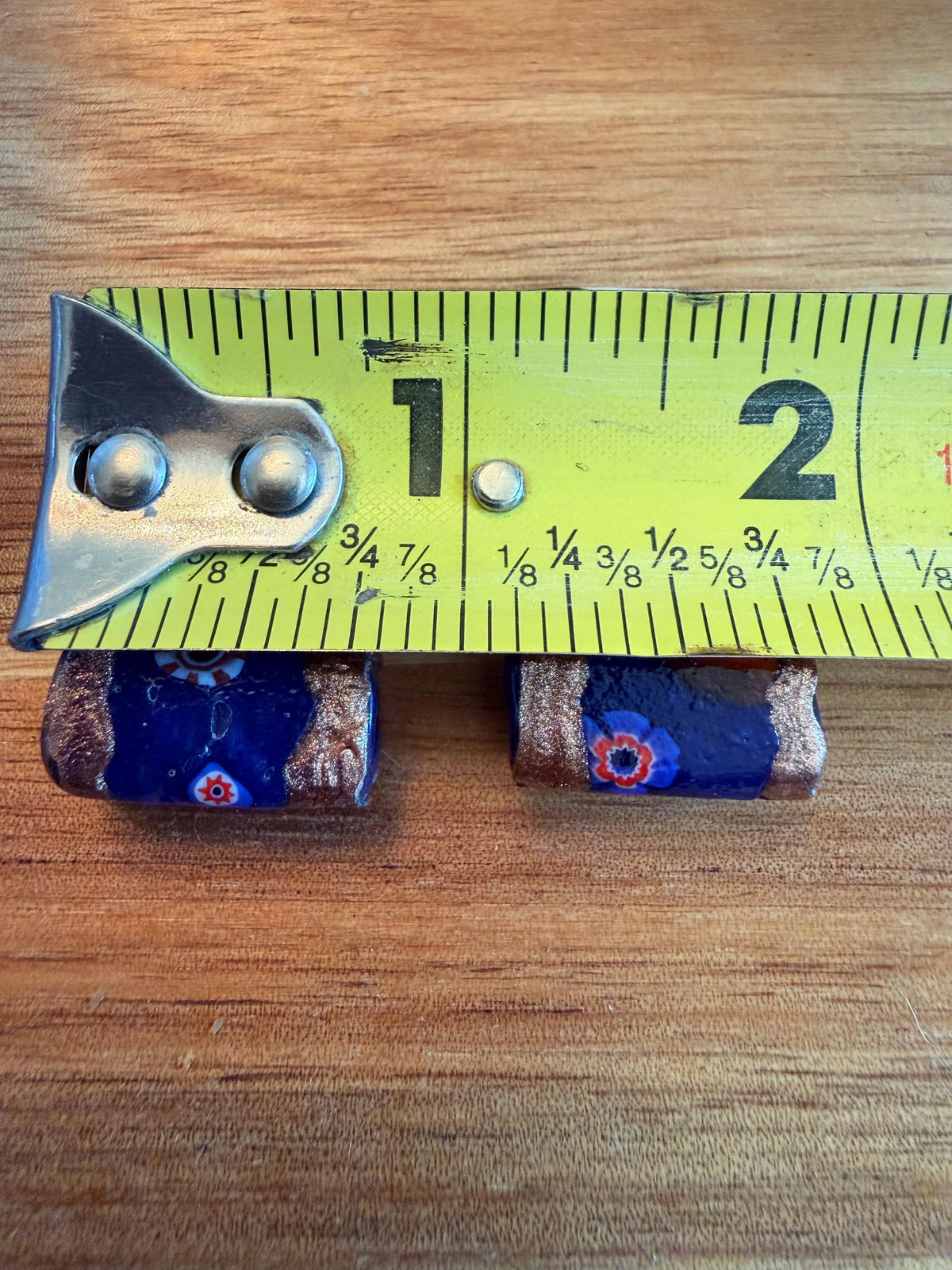 Two Cobalt Blue Aventurine Vintage Chunky Rectangular Murano Millefiori Pillar Beads