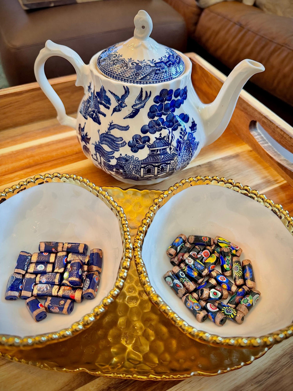 Two Cobalt Blue Aventurine Vintage Chunky Rectangular Murano Millefiori Pillar Beads