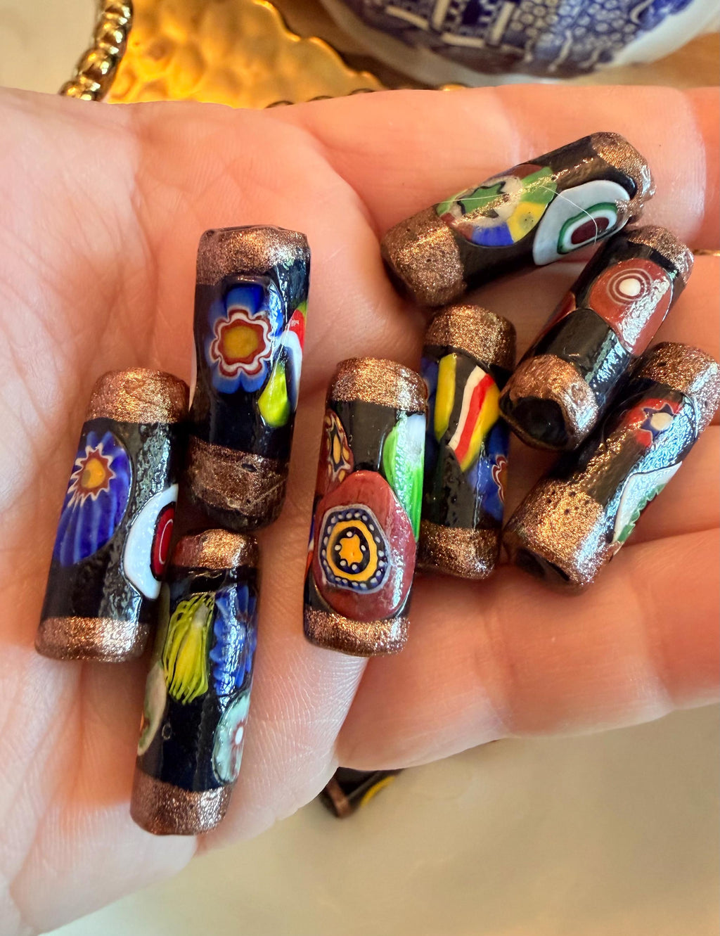 Matched Black Millefiori Pillar Beads Vintage Murano Glass Beading Project Supplies LONG and Lovely