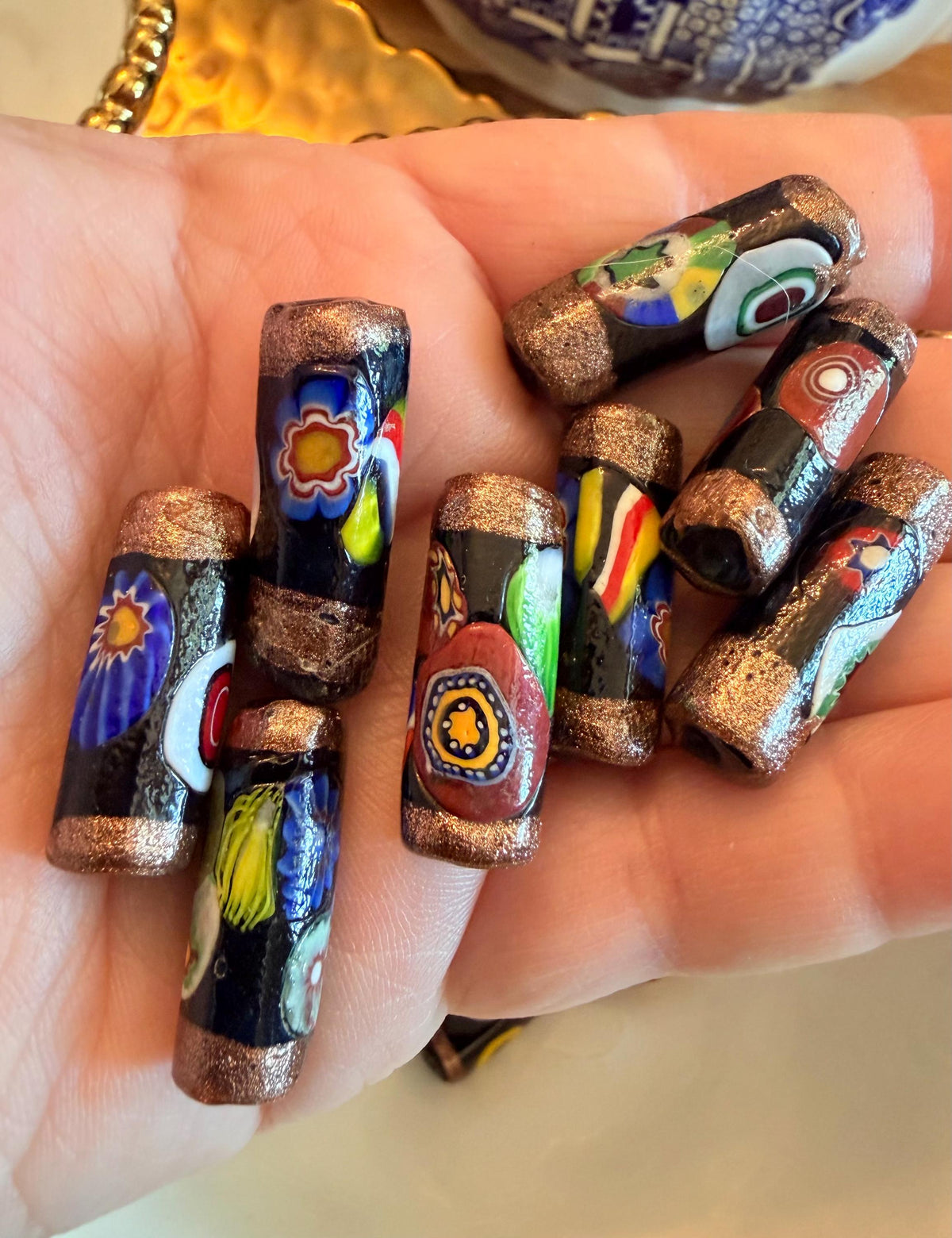 Matched Black Millefiori Pillar Beads Vintage Murano Glass Beading Project Supplies LONG and Lovely