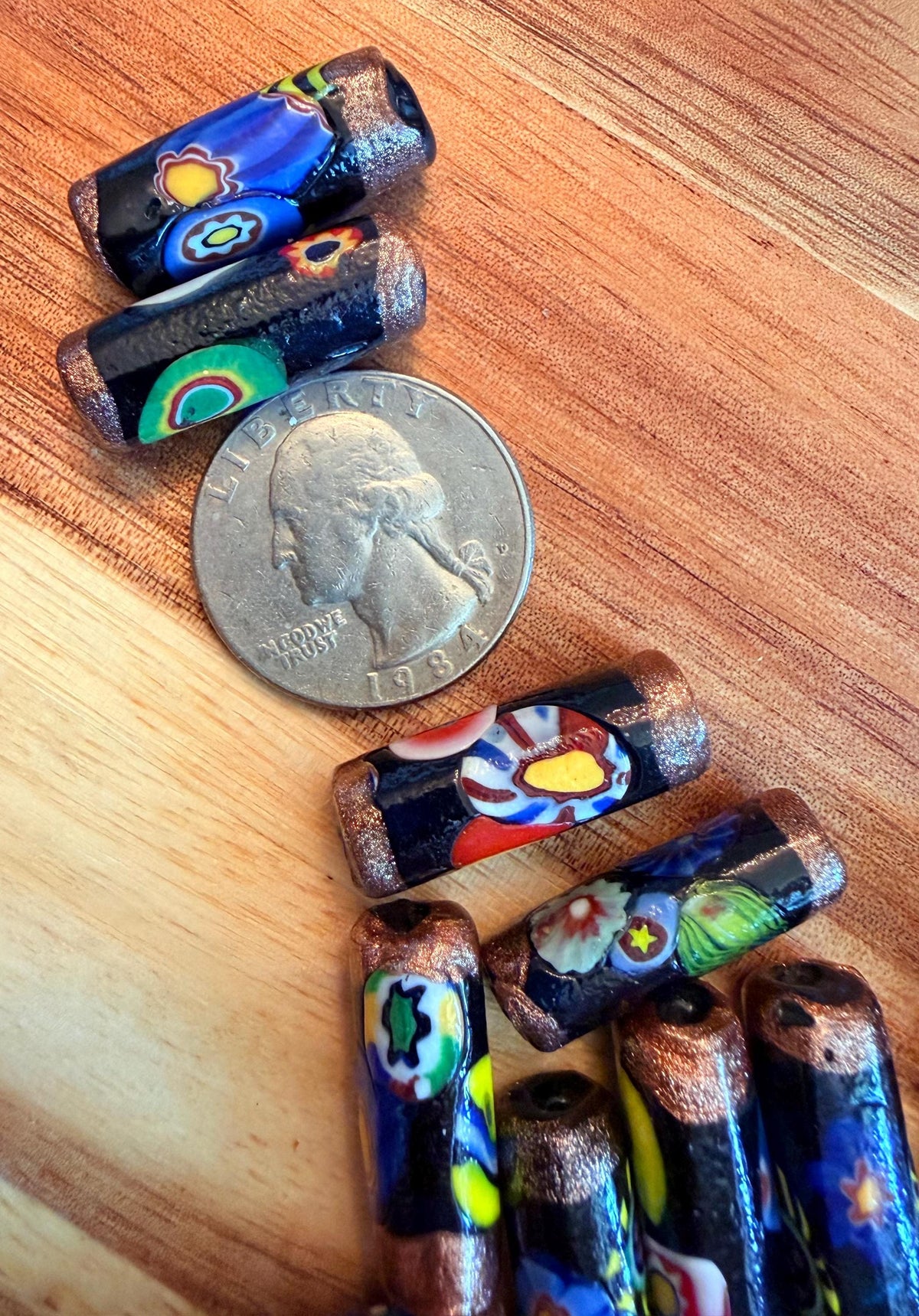Matched Black Millefiori Pillar Beads Vintage Murano Glass Beading Project Supplies LONG and Lovely