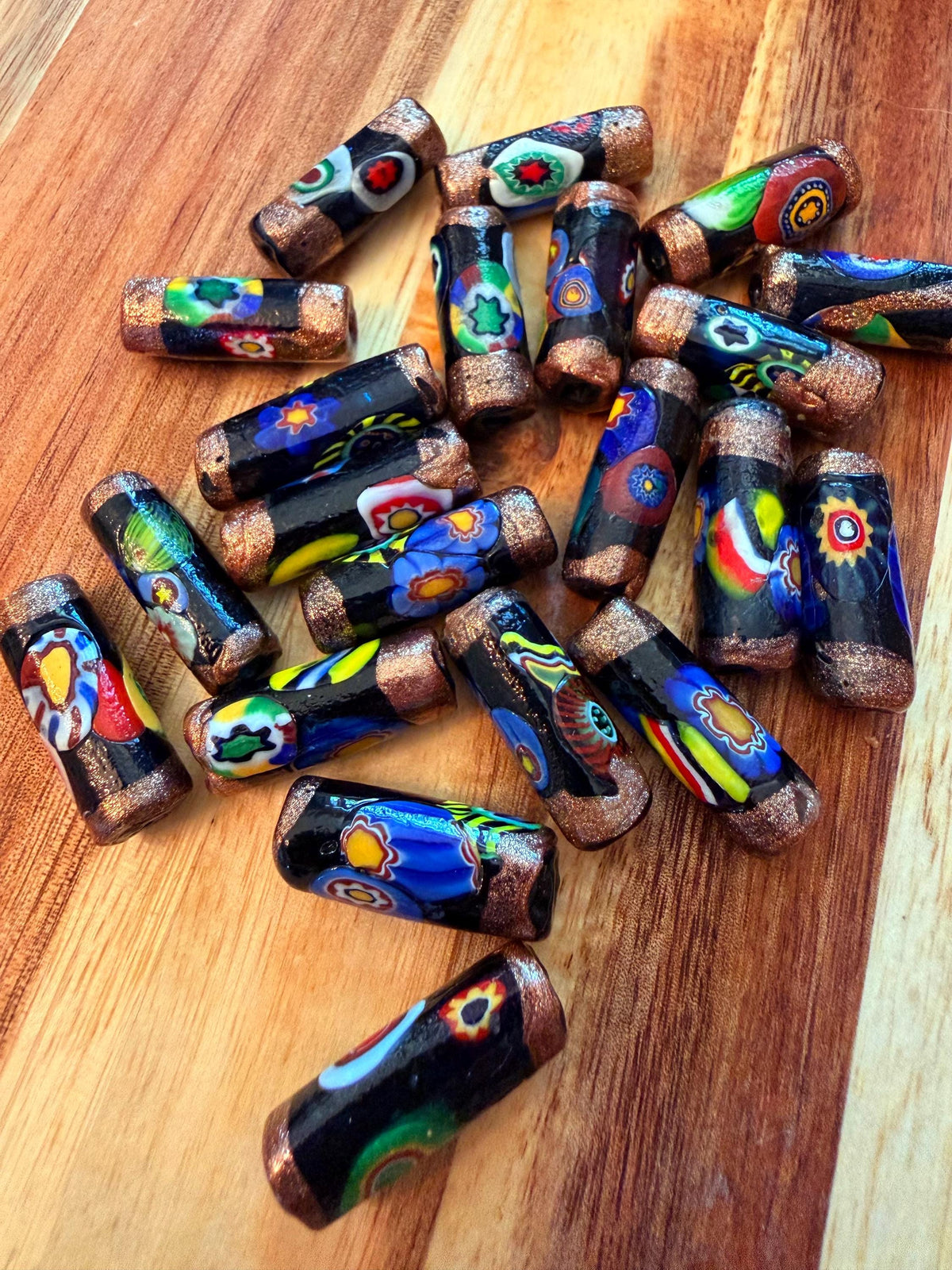 Matched Black Millefiori Pillar Beads Vintage Murano Glass Beading Project Supplies LONG and Lovely