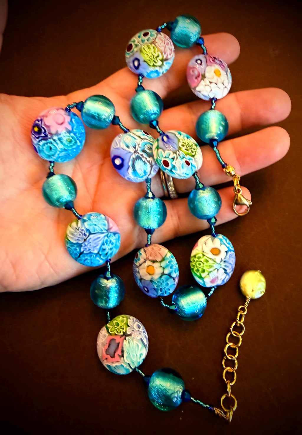 Pastel Ercole Moretti Murano Glass Coin &  Venetian Lampwork Glass Necklace, Spring Colors