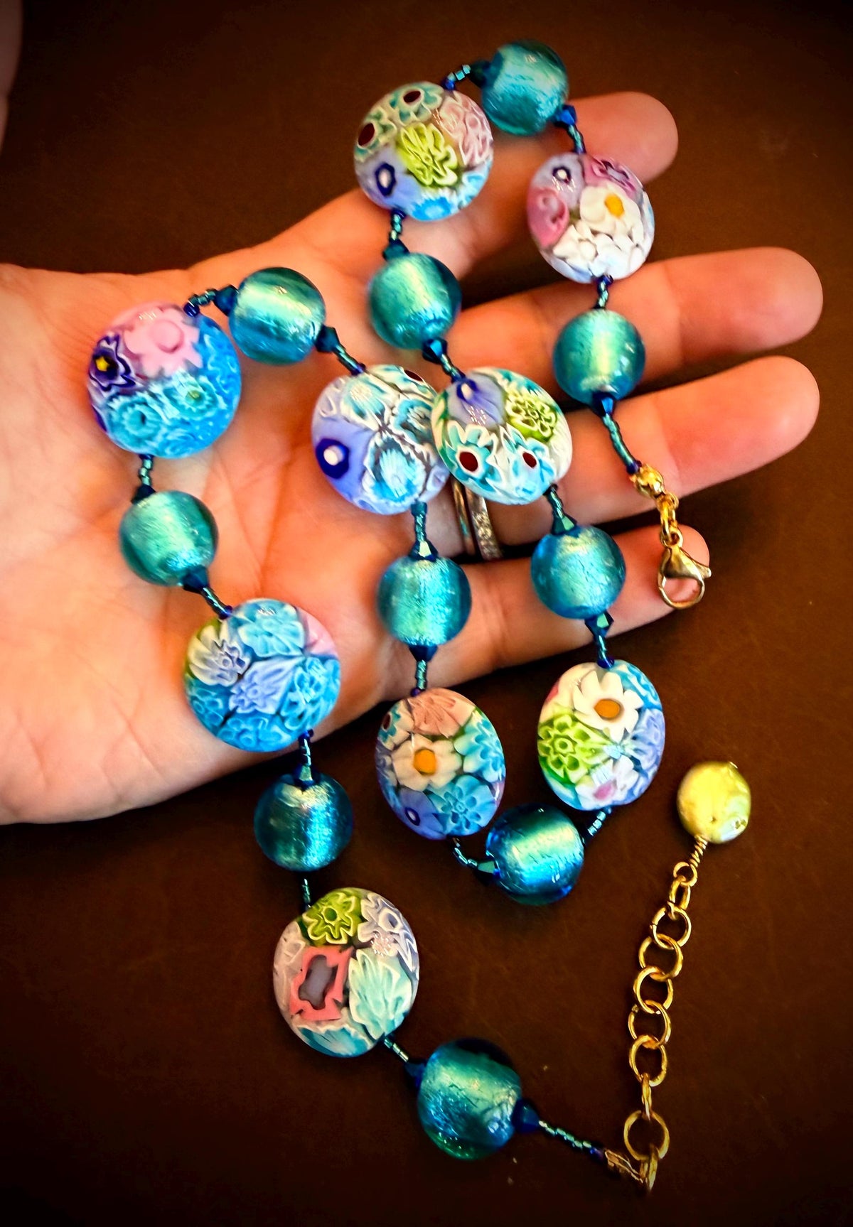 Pastel Ercole Moretti Murano Glass Coin &  Venetian Lampwork Glass Necklace, Spring Colors