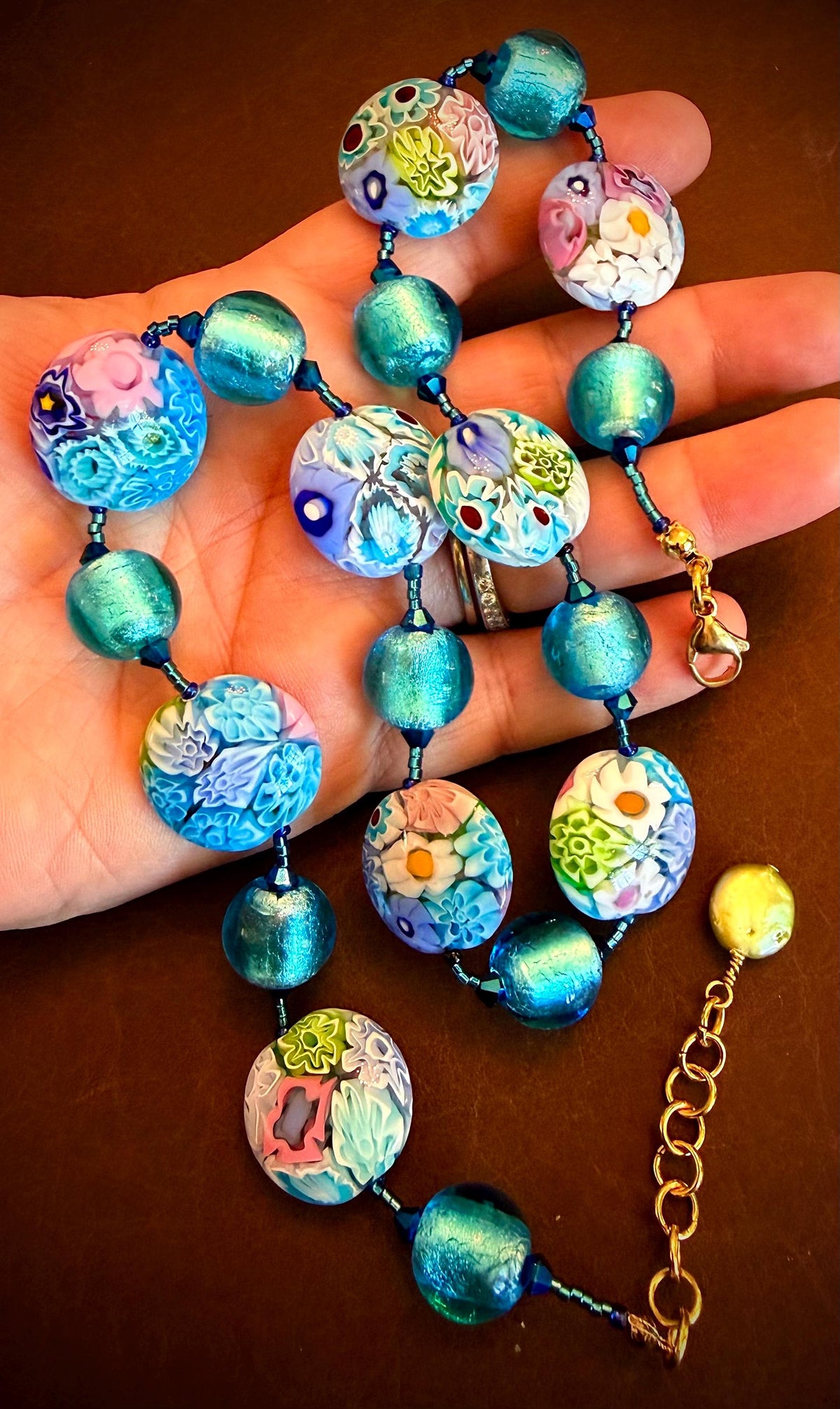 Pastel Ercole Moretti Murano Glass Coin &  Venetian Lampwork Glass Necklace, Spring Colors