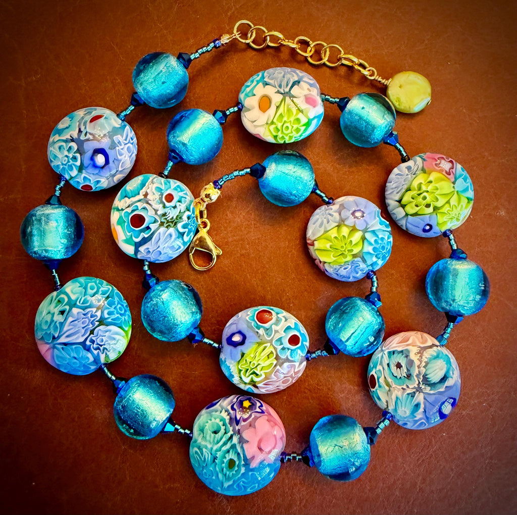 Pastel Ercole Moretti Murano Glass Coin &  Venetian Lampwork Glass Necklace, Spring Colors