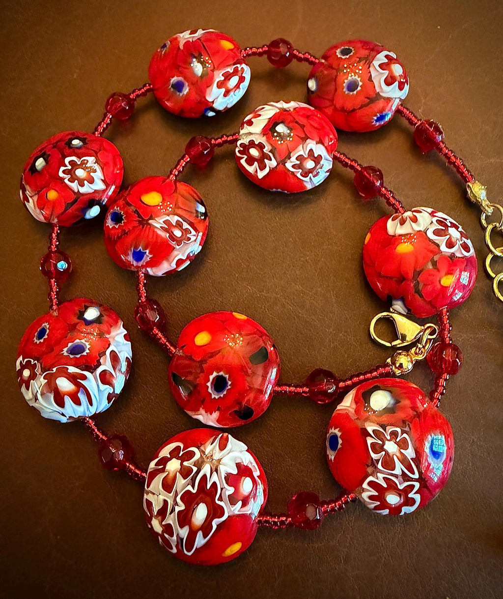 Red White Millefiori Coin Necklace: Ercole Moretti Murano Glass Beads
