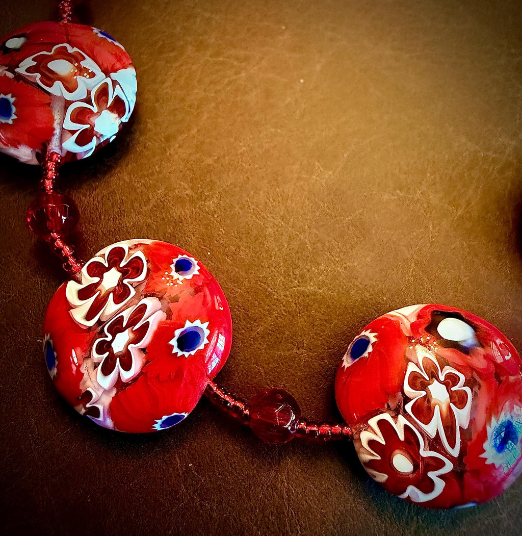 Red White Millefiori Coin Necklace: Ercole Moretti Murano Glass Beads
