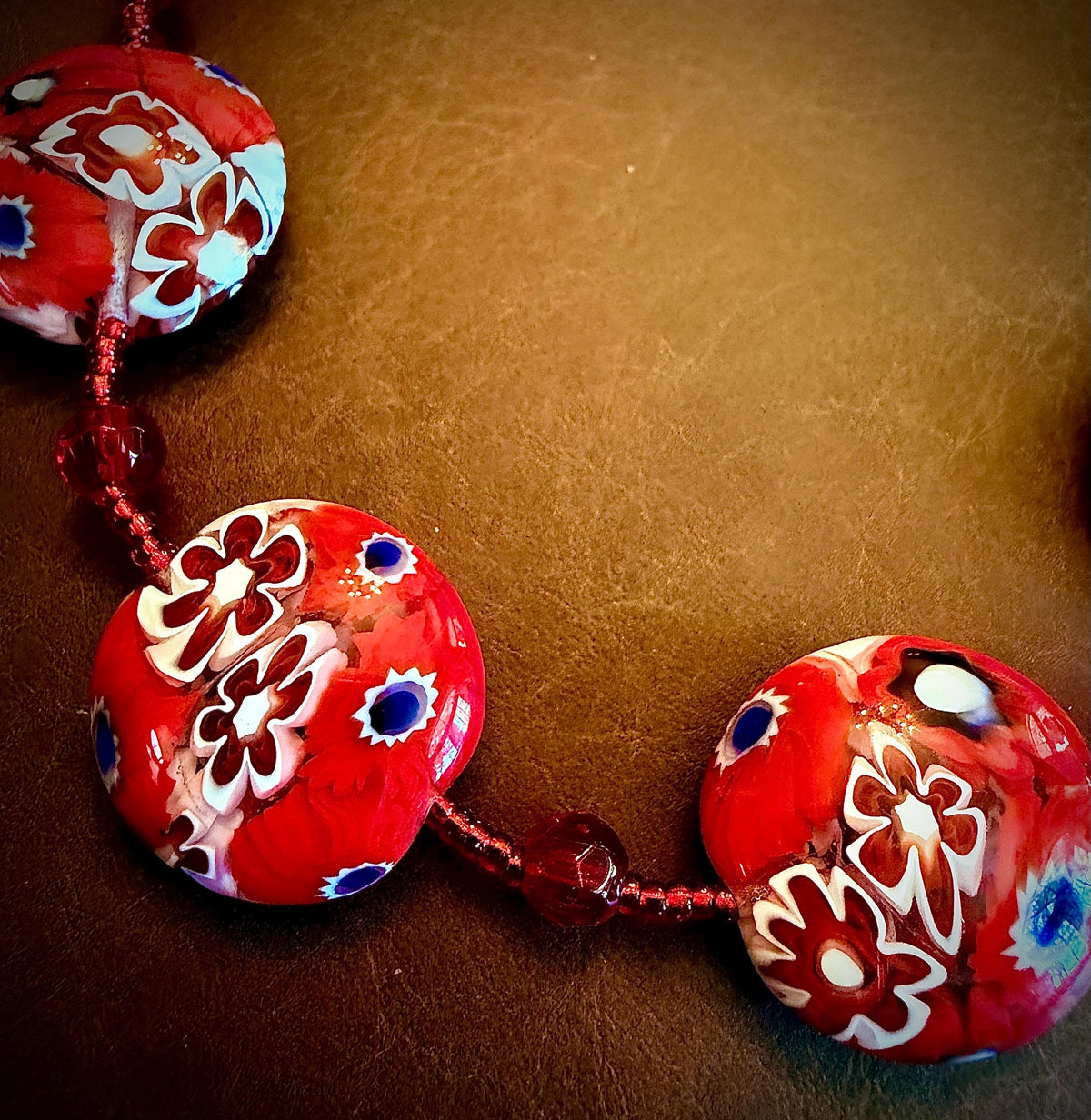 Red White Millefiori Coin Necklace: Ercole Moretti Murano Glass Beads