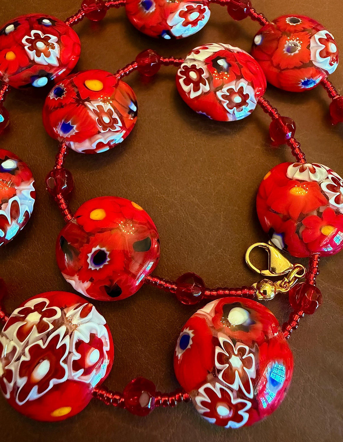 Red White Millefiori Coin Necklace: Ercole Moretti Murano Glass Beads