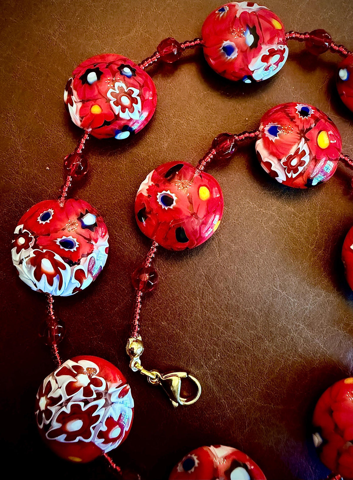 Red White Millefiori Coin Necklace: Ercole Moretti Murano Glass Beads
