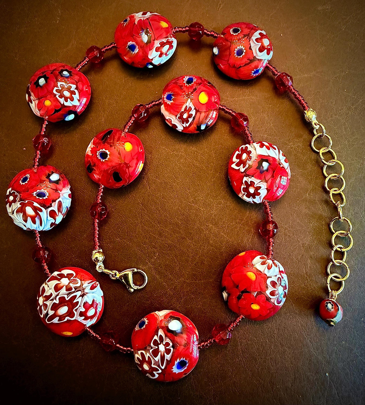 Red White Millefiori Coin Necklace: Ercole Moretti Murano Glass Beads