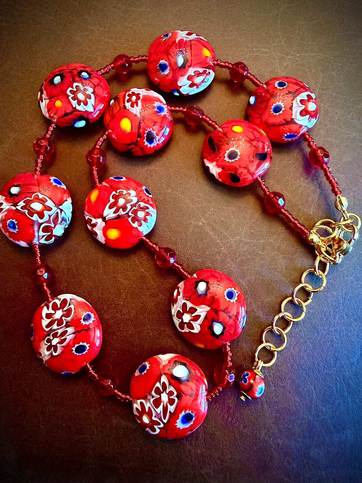 Red White Millefiori Coin Necklace: Ercole Moretti Murano Glass Beads