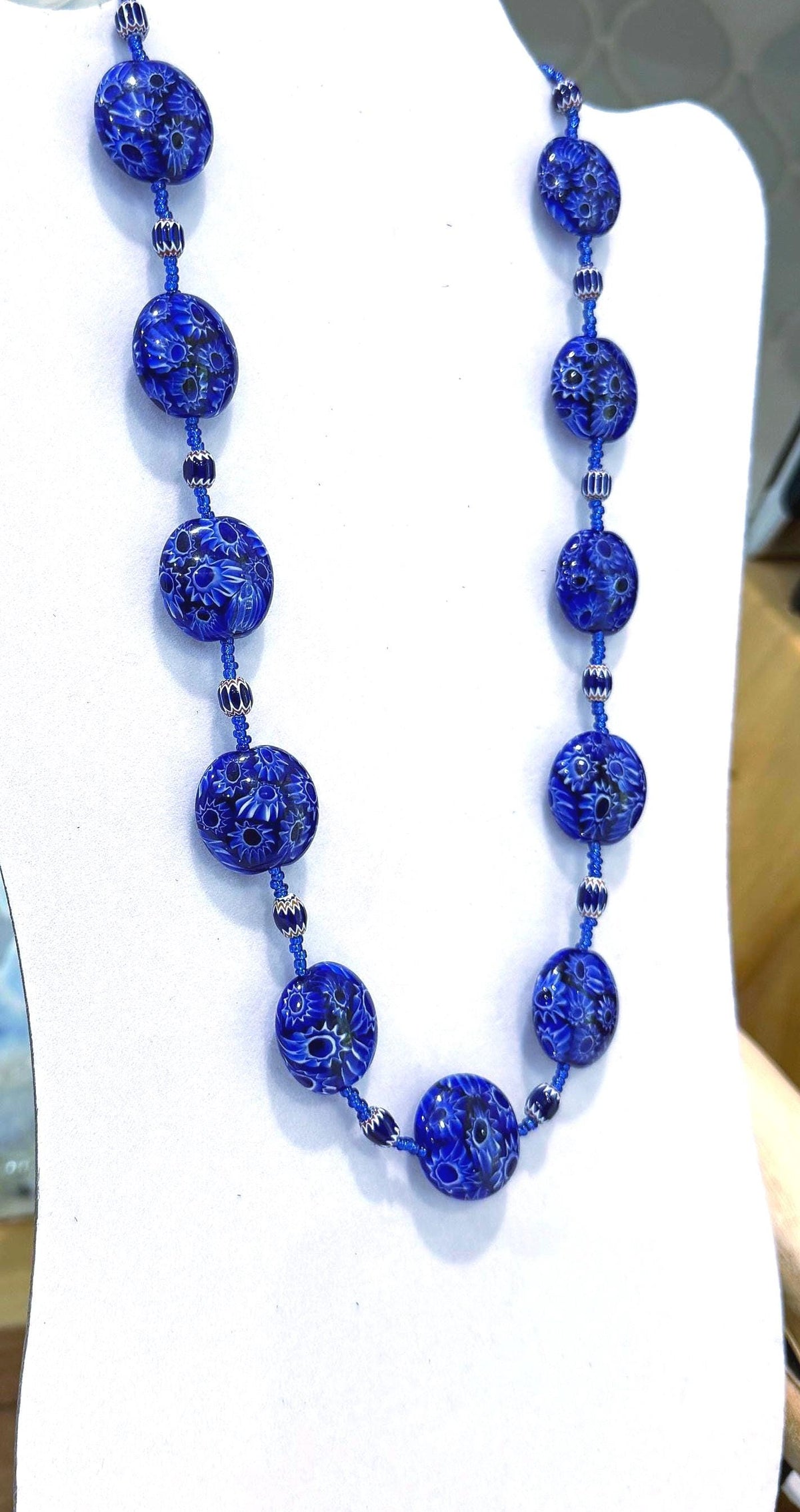 Rosario Leonardi Cobalt Blue Millefiori Glass Necklace featuring Ercole Moretti Beads