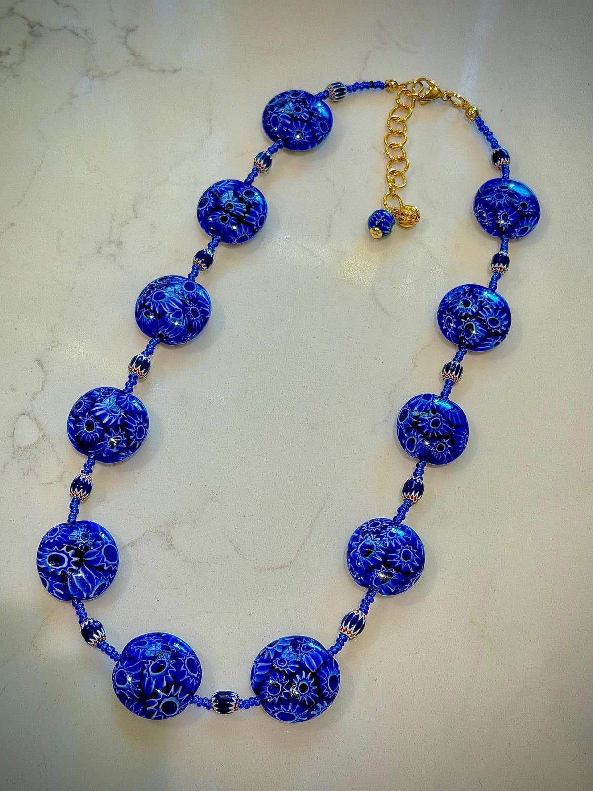 Rosario Leonardi Cobalt Blue Millefiori Glass Necklace featuring Ercole Moretti Beads