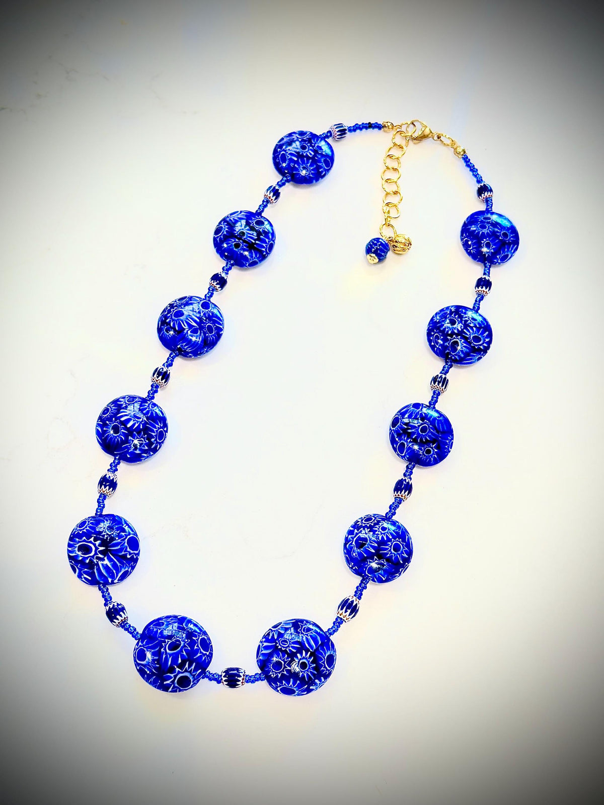Rosario Leonardi Cobalt Blue Millefiori Glass Necklace featuring Ercole Moretti Beads