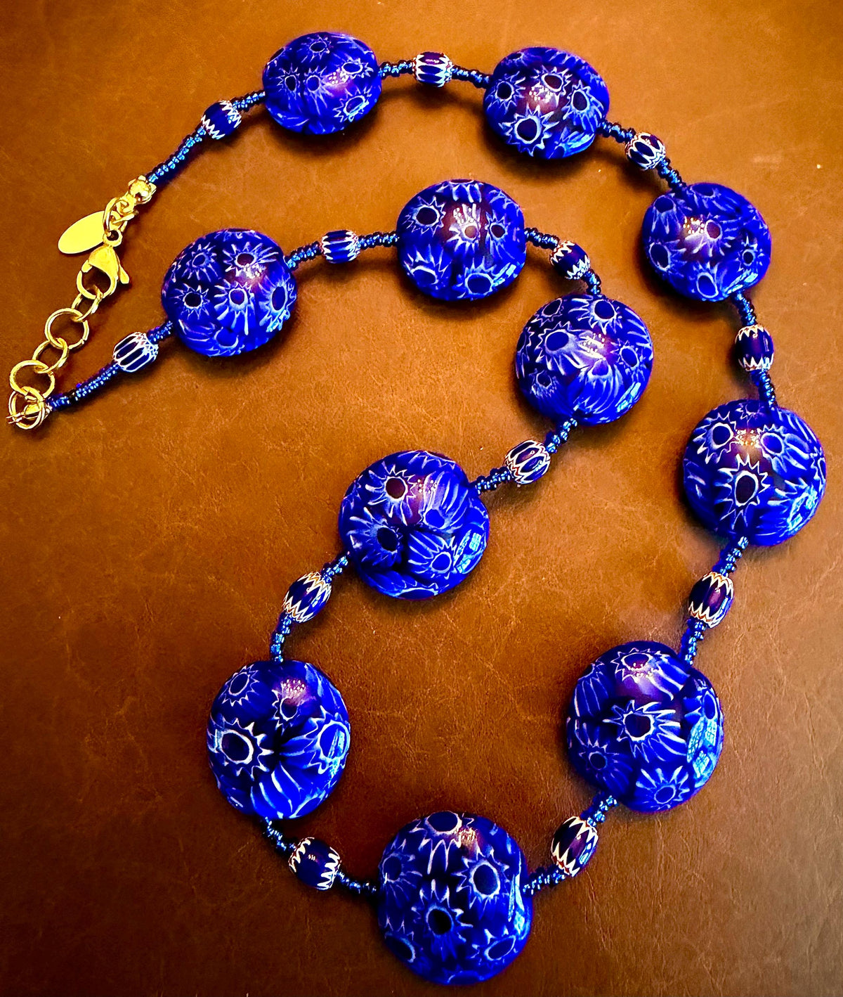 Rosario Leonardi Cobalt Blue Millefiori Glass Necklace featuring Ercole Moretti Beads