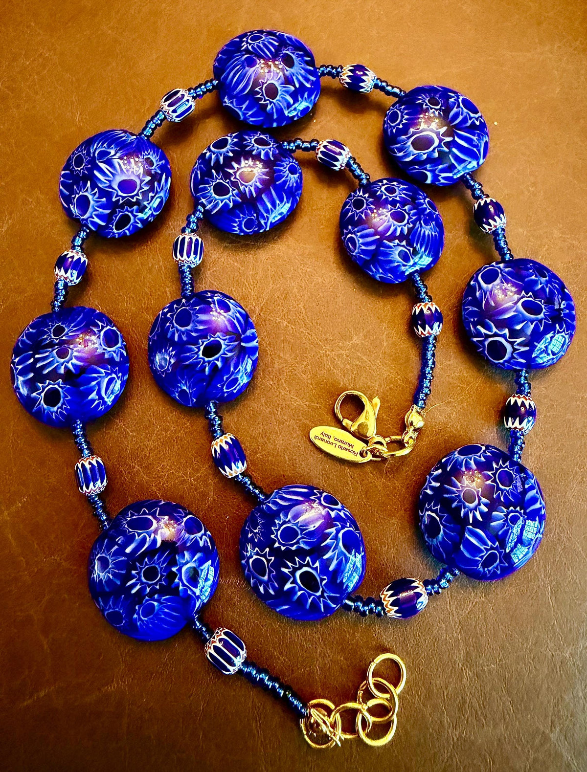 Rosario Leonardi Cobalt Blue Millefiori Glass Necklace featuring Ercole Moretti Beads