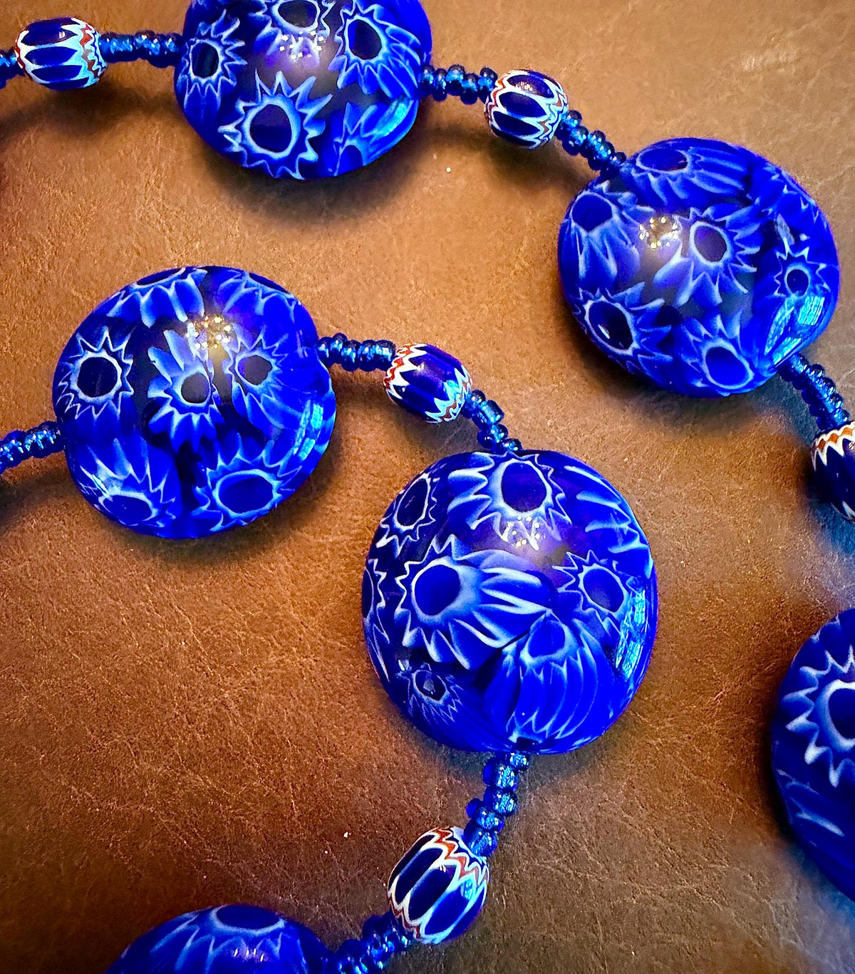 Rosario Leonardi Cobalt Blue Millefiori Glass Necklace featuring Ercole Moretti Beads