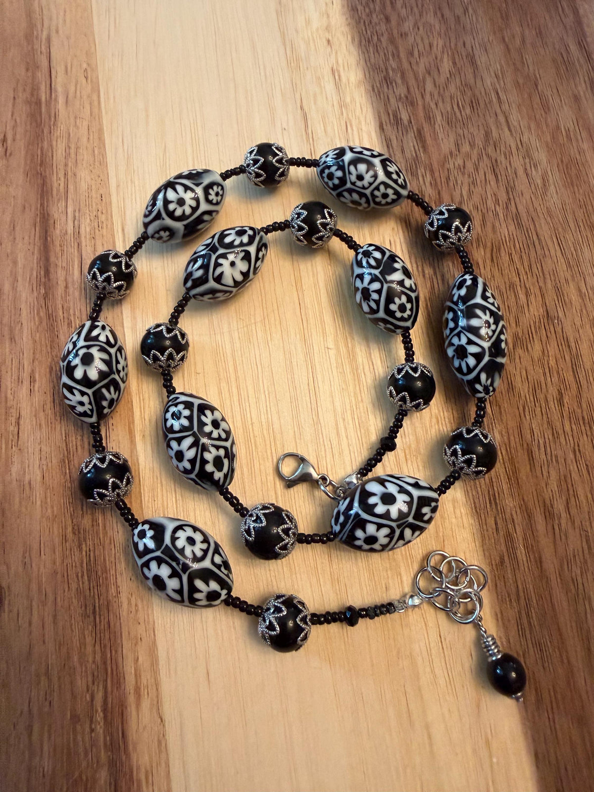 Black White Millefiori Murano Glass Necklace Featuring Ercole Moretti Beads