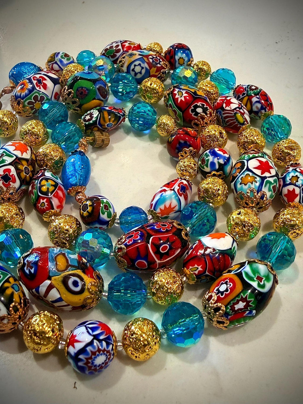 Millefiori Murano Glass Necklace: Ercole Moretti Vintage Beads, Aqua Swarovski Crystals