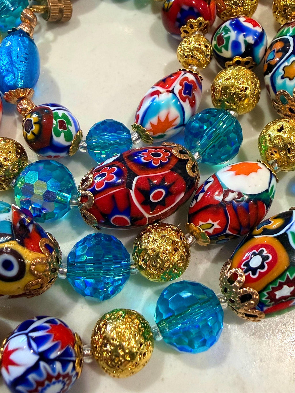 Millefiori Murano Glass Necklace: Ercole Moretti Vintage Beads, Aqua Swarovski Crystals